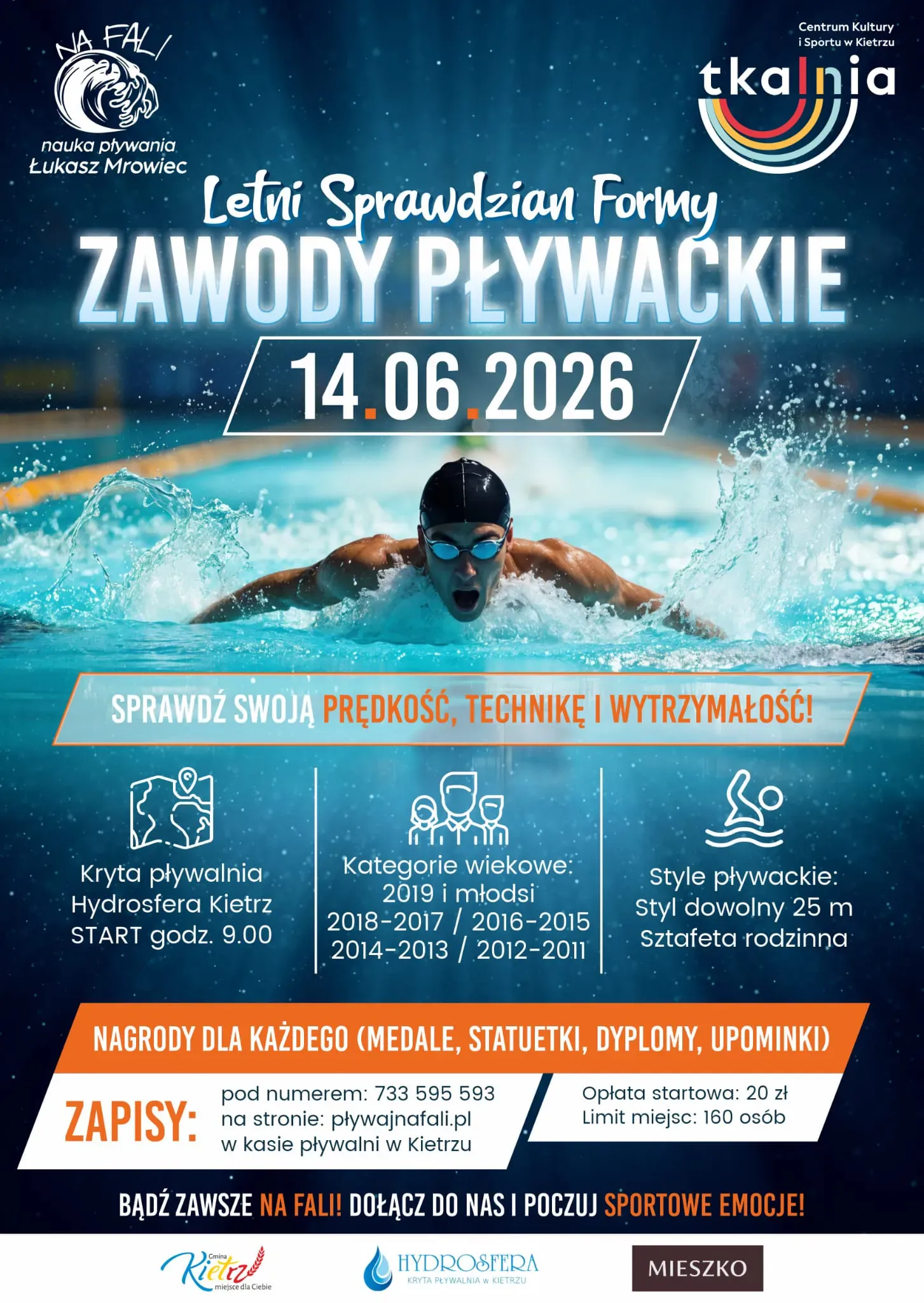 Plakat promujący letnie zawody formy w szkole pływania Łukasza Mrowca